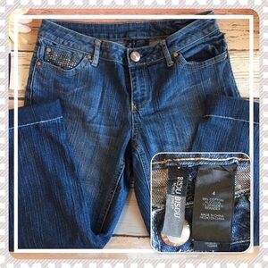 BISOU BISOU | Cropped Blue Jeans Straight Leg Embellished